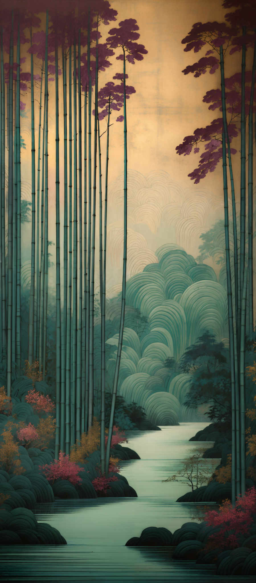 The image showcases a serene landscape with tall, slender bamboo trees reaching upwards. The bamBOo trees have a rich green hue, while their trunks are vertically oriented. Above the trees, there's a gradient of colors transitioning from a deep red at the top to a soft golden hue at the bottom. The background features undulating, wave-like patterns in shades of green, suggesting a distant forest or hills. In the foreground, there is a calm river or stream with a reflective surface, surrounded by rounded rocks. The river is bordered by vibrant pink and orange foliage, possibly representing trees or shrubs. The overall ambiance of the image is tranquil and evokes a sense of peace and harmony with nature.