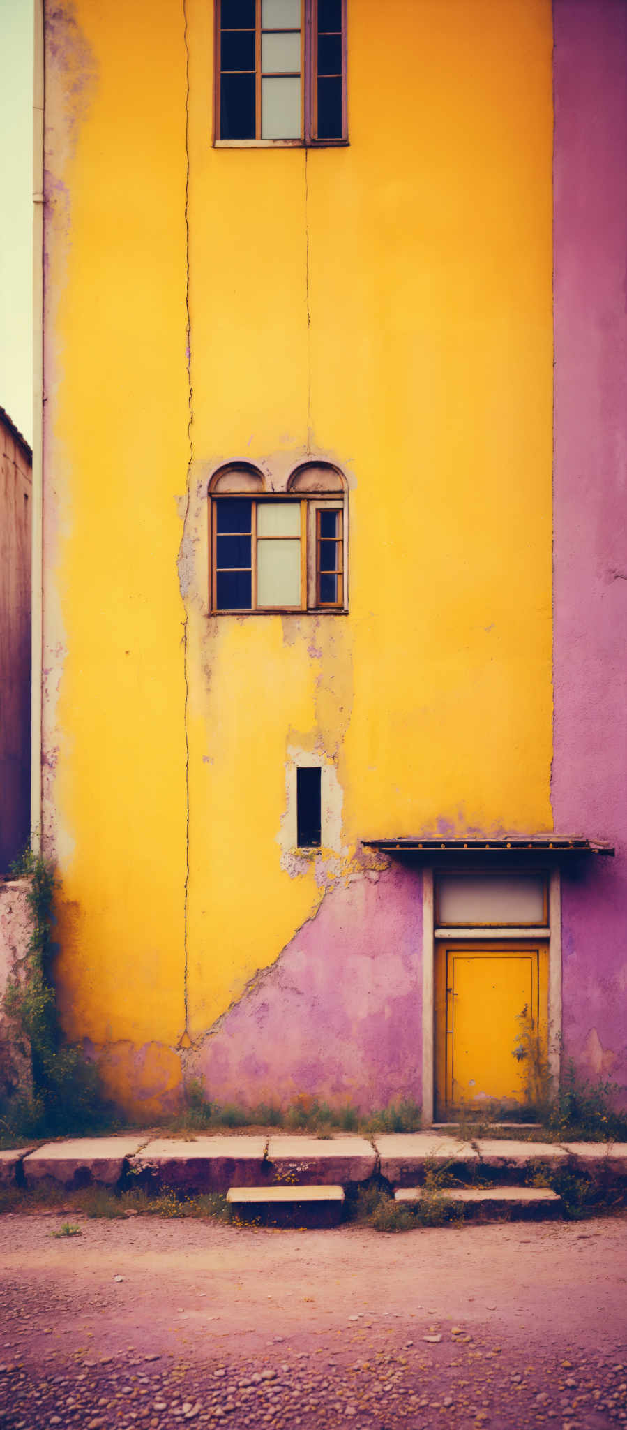 The image showcases a building with a vibrant yellow and purple facade. The top section of the building is painted yellow and features two windows with a distinctive arched design. The middle section of this building is purple and has a single window. The bottom section of both the yellow and the purple sections have a rectangular window. There's also a small rectangular opening on the purplish side. The building's exterior shows signs of wear, with visible cracks and peeling paint. The ground in front of the house is made of cobblestones, and there's a small ledge or platform with a single yellow door. The overall ambiance of the image is warm, with a touch of nostalgia.