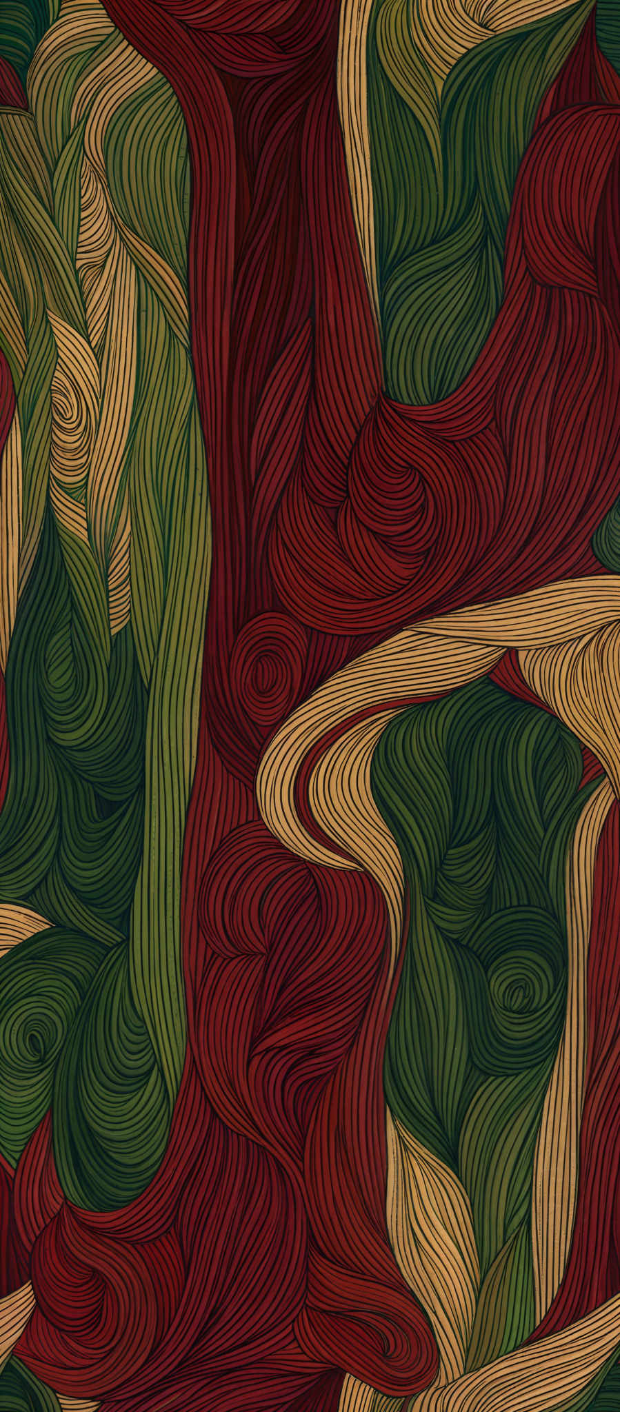 The image showcases a vibrant and intricate pattern of intertwined lines. The dominant colors are shades of red, green, and gold. The lines are swirled and intertwine in a complex manner, creating a sense of movement and depth. The design appears to be symmetrical, with the patterns repeating in a harmonious manner throughout the image, giving it a mesmerizing and hypnotic effect.