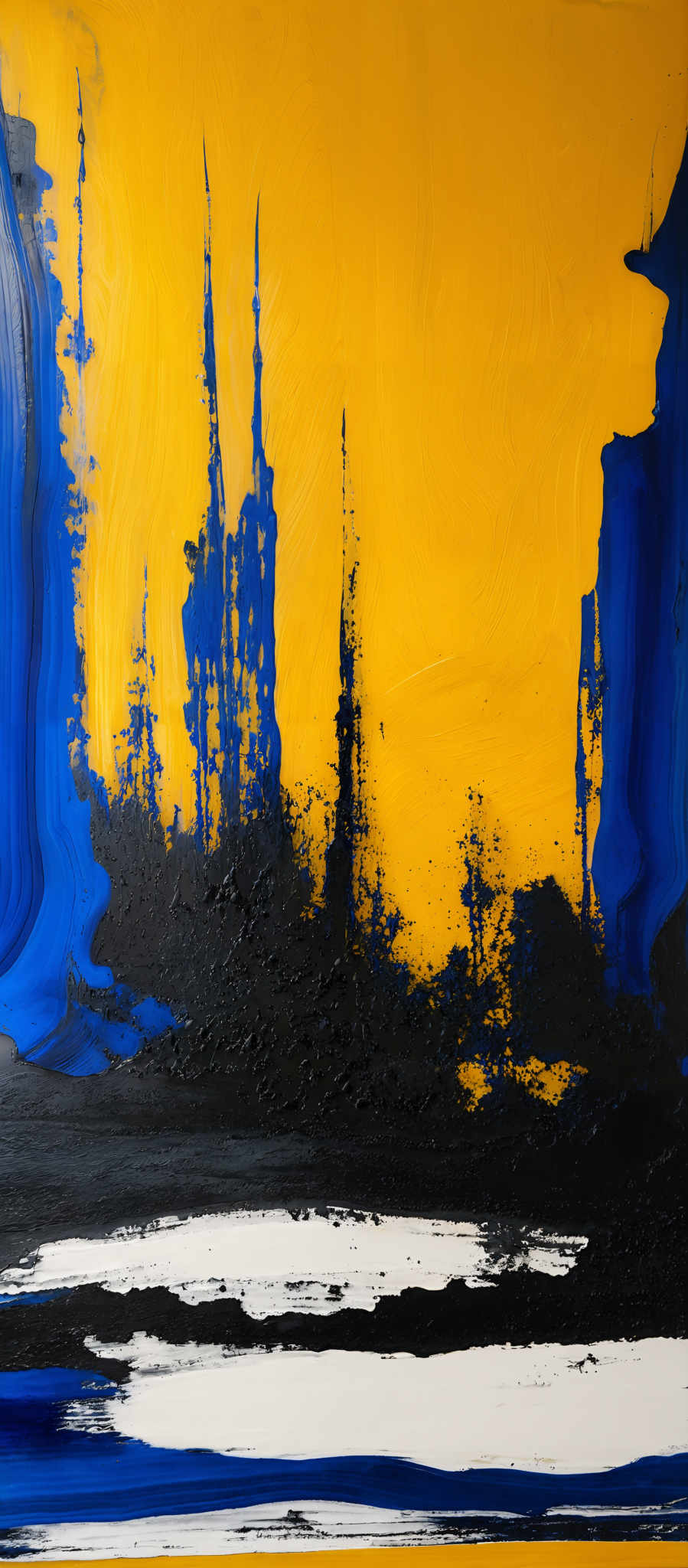 The image showcases a vibrant abstract painting. The dominant colors are yellow, blue, and black. The yellow forms the background, with vertical streaks of blue and black interspersed. The lower portion of the painting has broad white strokes, contrasting with the darker shades below. The overall composition gives an impression of a dynamic landscape, possibly depicting a sunset or sunrise over a body of water.