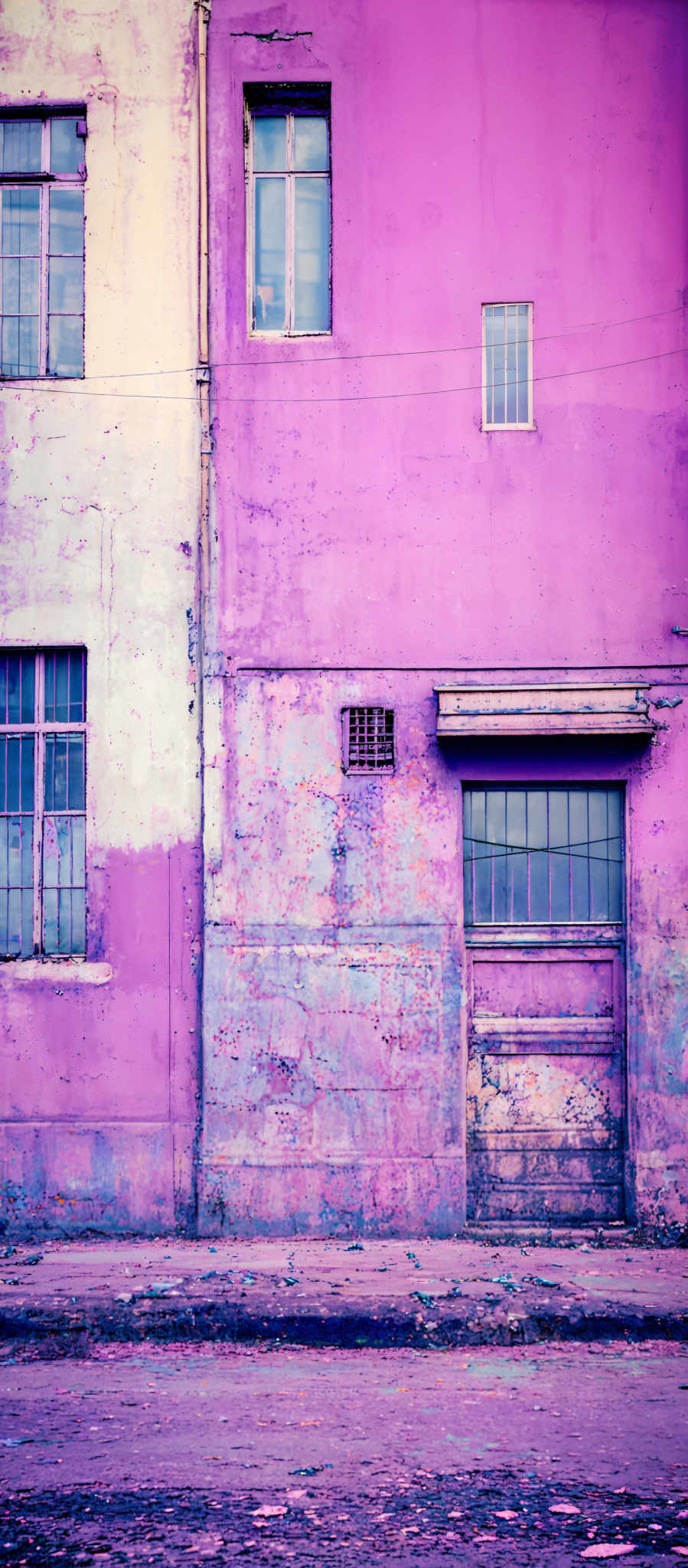 The image showcases a building with a vibrant pink facade. The building has two windows, one on the top left and one on its right side. The top left window has a green frame, while the right one has a white frame. There's also a small rectangular vent or grille on the pink wall. The ground is littered with various debris, including papers and possibly plastic. The overall ambiance of the image is somewhat worn out, with visible signs of wear and tear on the building's exterior.