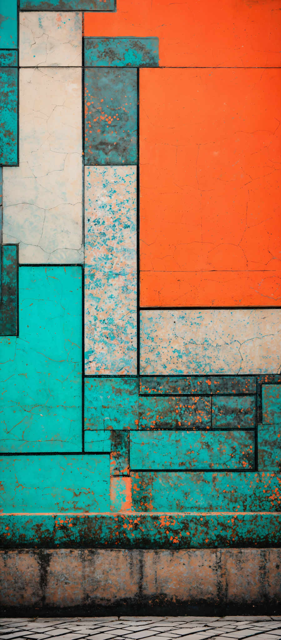 The image showcases an abstract composition of rectangular and square shapes. The dominant colors are shades of orange, turquoise, and white. The orange and turquoisie shapes are layered and intersected, creating a visually intriguing pattern. The white shapes, on the other hand, appear to be rectangular blocks that are interspersed among the other colors. The entire composition has a weathered and textured appearance, with visible cracks and signs of wear.