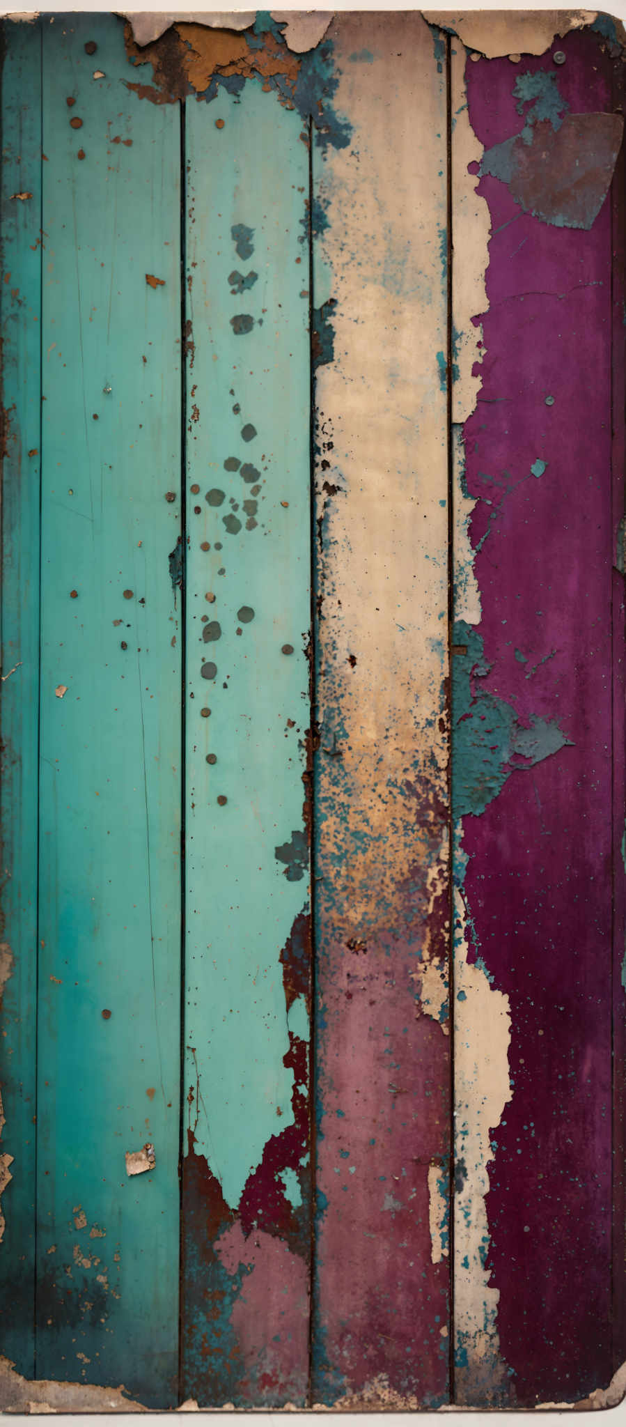 The image showcases a series of wooden panels with varying colors and textures. The panels exhibit a weathered appearance with peeling paint revealing underlying layers. The colors range from turquoise to deep purple, with patches of beige and rust. There are also visible nails, screws, and other hardware elements on the panels.