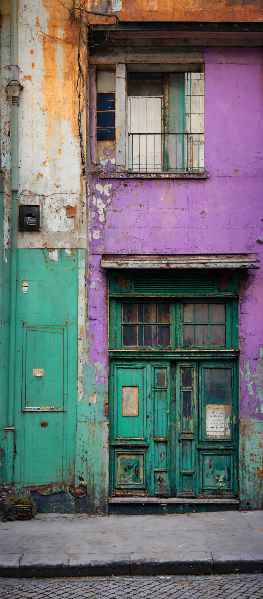 The image showcases a vibrant and aged building facade. The dominant colors are shades of purple, green, and a bit of orange. The building has a mix of old and new architectural elements. On the left, there's a turquoise door with a small window above it. The main section of the building features a large purple door with multiple panels and a green window above. The walls are peeling in places, revealing layers of paint and plaster. There's also a small plant growing near the bottom of the image, adding a touch of green to the scene.