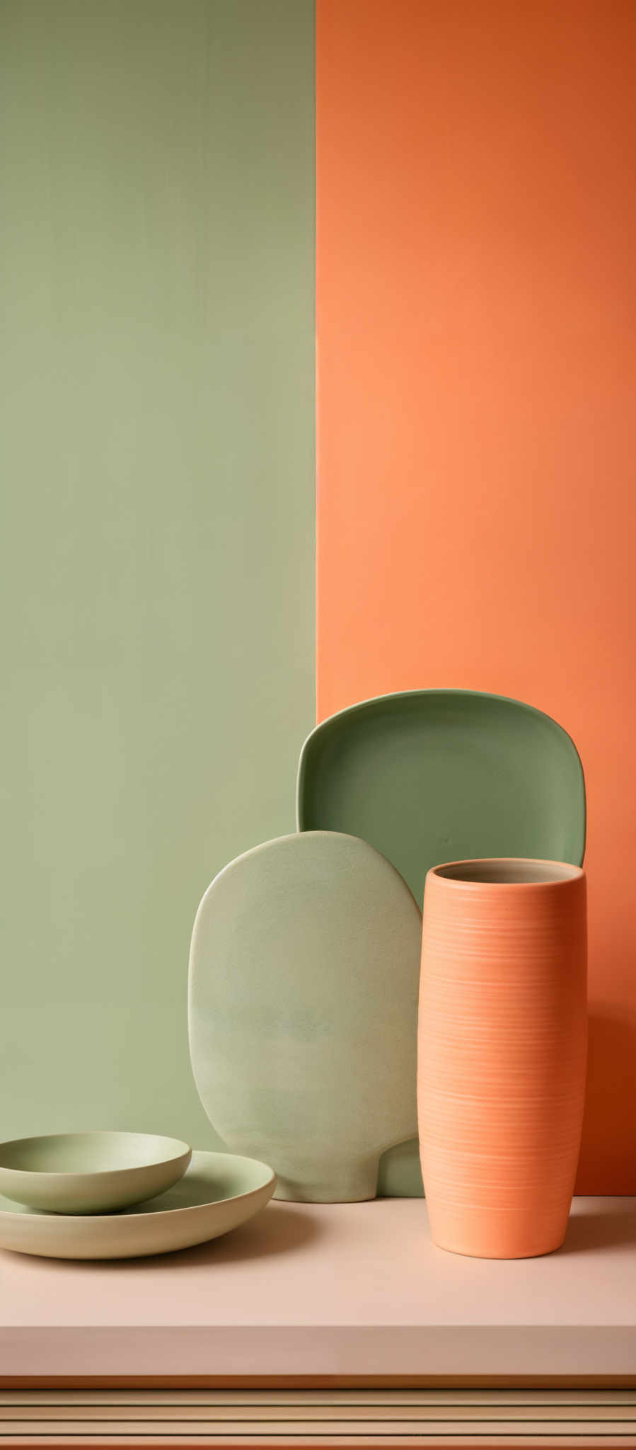 The image showcases a collection of ceramic or porcelain items set against a two-color backdrop. On the left side, there's a tall, cylindrical, and textured orange vase. Adjacent to it, there are two oval-shaped plates or trays, one larger and one smaller, both in a muted green color. On a shelf below, there is a smaller plate with a similar green hue. The background is divided into two sections: the left is a mellow green, while the right is a vibrant orange.