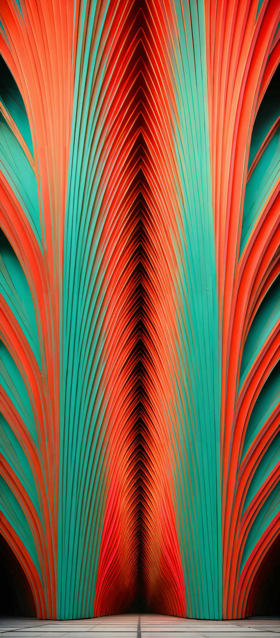 The image showcases a vibrant and intricate design. It features a series of layered, curved lines that converge towards a central point. The colors are a gradient of turquoise and orange, transitioning smoothly from one to the other. The design appears to be symmetrical, with the colors fading as they move away from the center, creating a sense of depth and perspective.