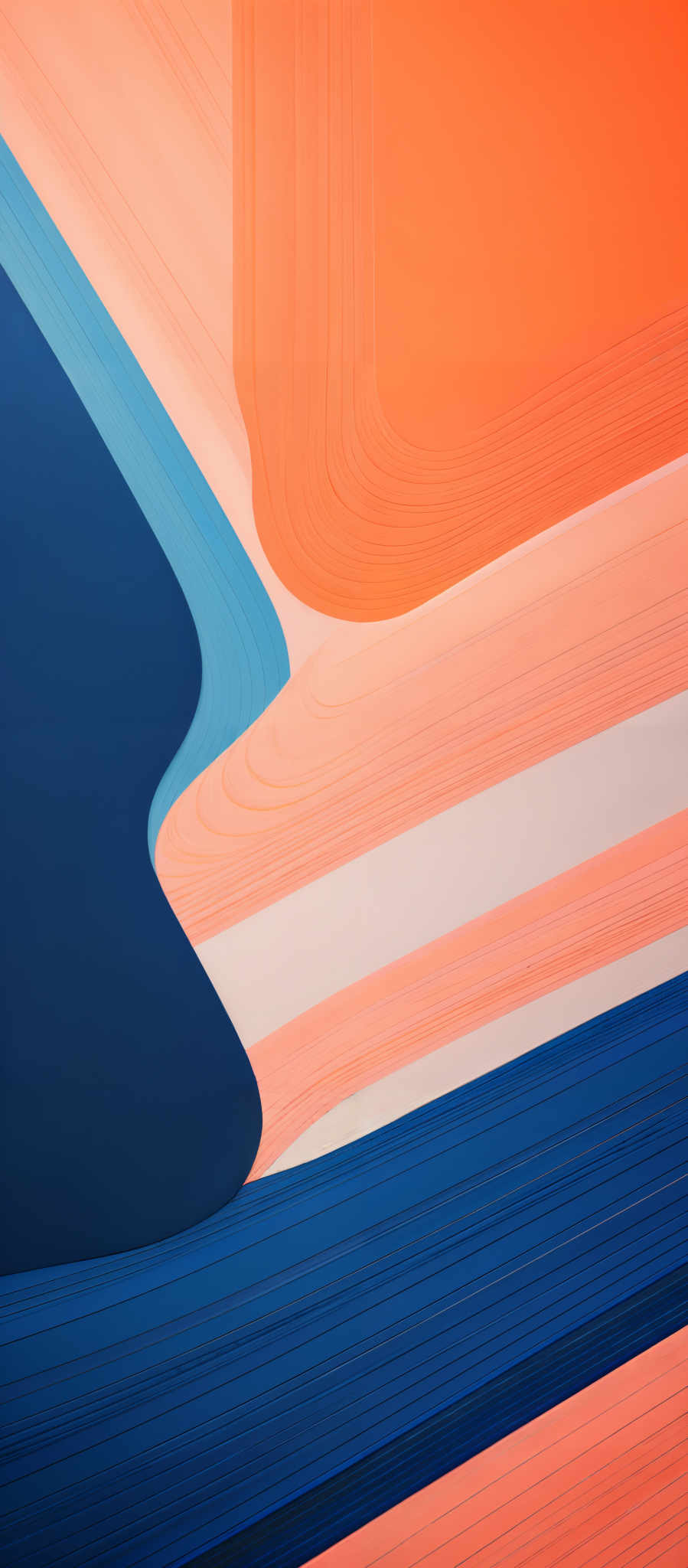 The image showcases an abstract composition with a mix of vibrant colors. Dominant colors include shades of orange, blue, and peach. The shapes are fluid and curvy, resembling layered, wavy lines or perhaps the contours of a landscape. The interplay of these colors and shapes creates a visually pleasing and dynamic composition.