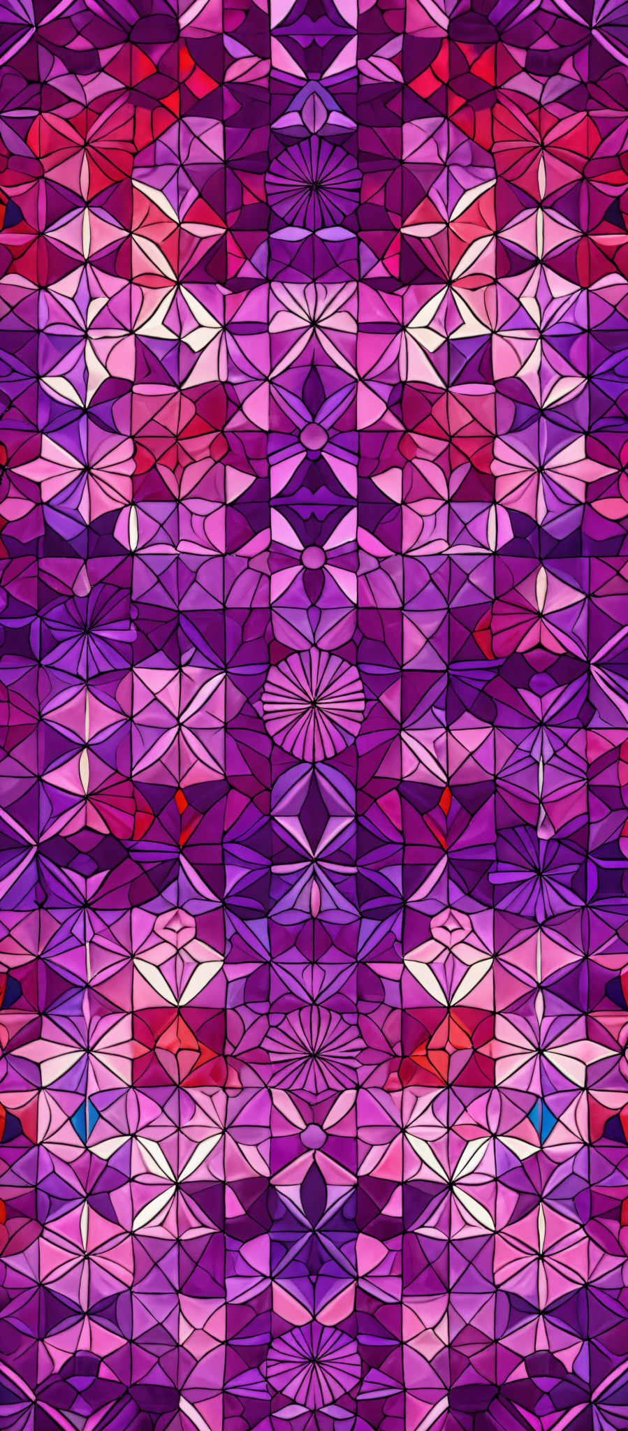 The image showcases a vibrant and intricate mosaic pattern. It predominantly features shades of purple, pink, and red. The shapes are predominately geometric, with a mix of triangles, rectangles, and other polygons. The mosaics are arranged in a repetitive and symmetrical manner, creating a visually pleasing and harmonious design.