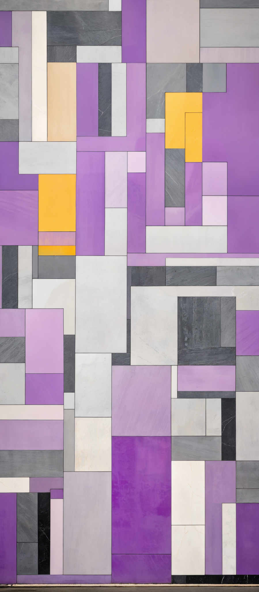 The image showcases an abstract artwork composed of various geometric shapes and rectangles. The dominant colors are shades of purple, gray, and white. The shapes are interconnected, creating a mosaic-like pattern. Some rectangles are filled with a solid color, while others have a gradient effect transitioning between colors. The artwork seems to be a play on geometric patterns and color combinations.