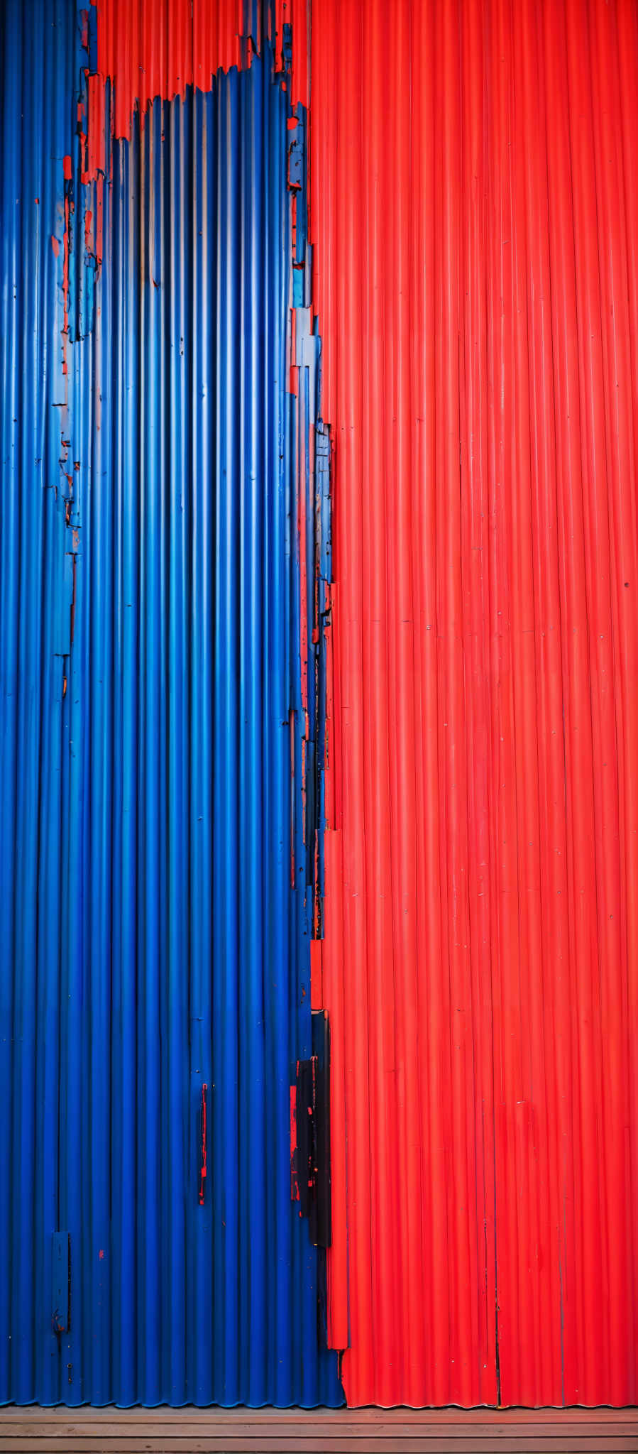 The image showcases a vertical arrangement of vertical bars. The bars are painted in two distinct colors: blue on the left and red on the right. The blue bars appear to be in a slightly worn-out state, with some areas showing chipping and peeling off the paint. The red bars, on the other hand, seem to be more intact and vibrant. The overall appearance suggests a contrast between the two colors, possibly representing different stages of wear or different materials.