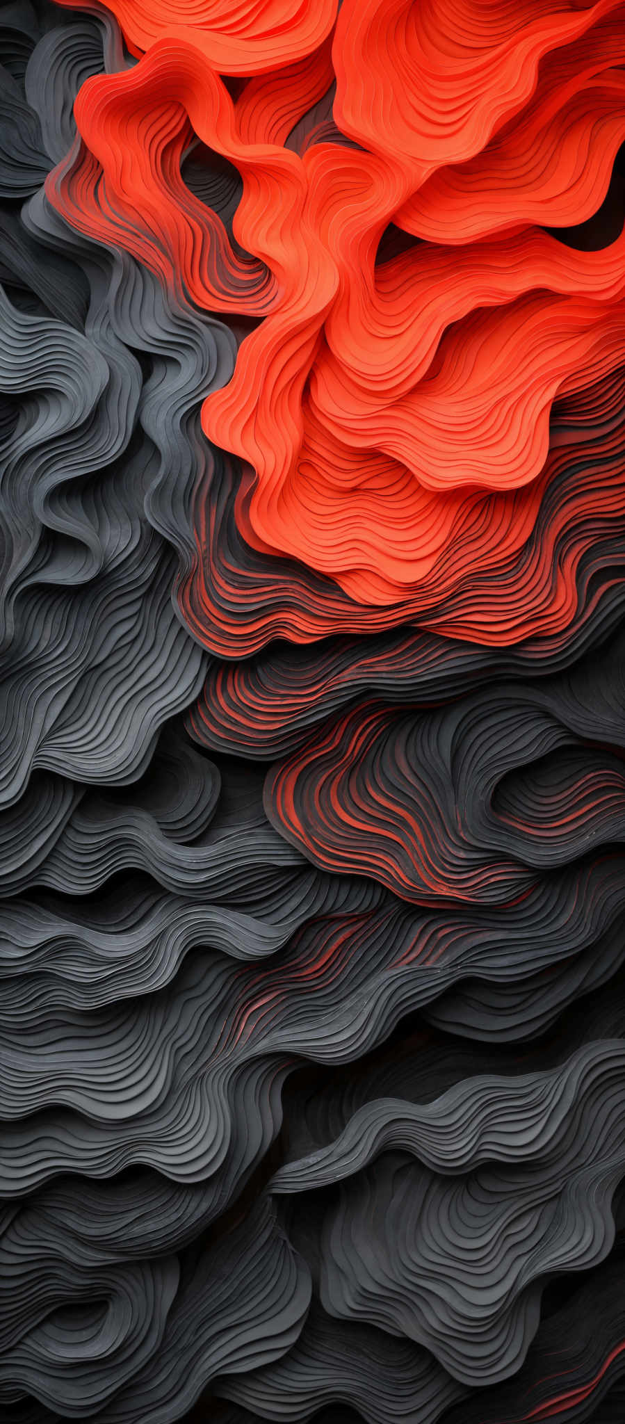 The image showcases a series of wavy patterns that resemble topographical maps or abstract art. The colors are predominantly shades of black and orange. The black patterns have a smooth and flowing appearance, while the orange patterns have more of a fiery and dynamic look. The overall composition gives a sense of depth and movement, as if the patterns are layered and overlapping.