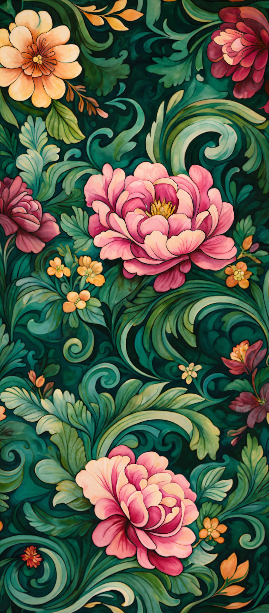 The image showcases a vibrant and intricate floral pattern. The dominant colors are shades of green, pink, and yellow. The flowers are large, with petals that are layered and have a gradient of pink to white. The leaves are detailed with varying shades and patterns, giving them a lush and organic appearance. The background is a deep green, which accentuates the colors of the flowers and leaves. The overall design is reminiscent of traditional tapestry or fabric patterns.