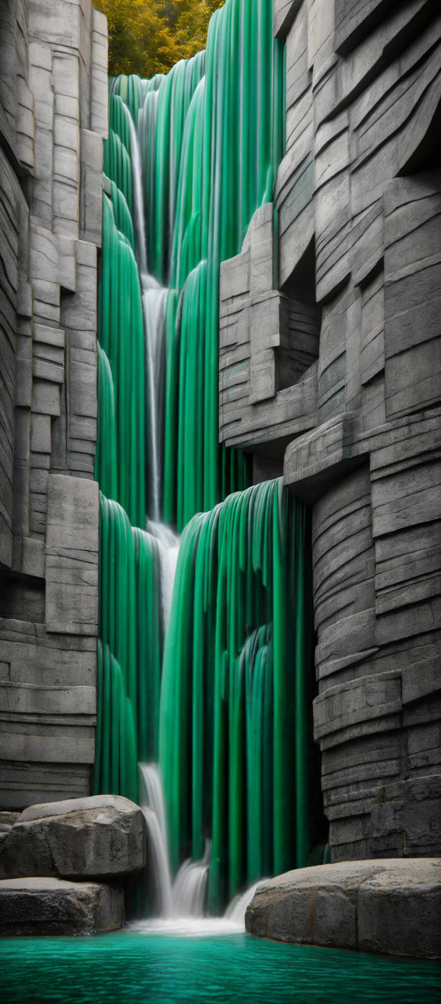 The image showcases a stunning architectural feature resembling cascading waterfalls. The waterfalls are painted in a vibrant shade of green, contrasting starkly with the gray, weathered stone walls that surround them. These walls have a textured appearance, suggesting they might be made of aged concrete or stone. Above the waterfalls, there's a hint of greenery, possibly trees or shrubs, suggesting that this structure is located in a park or natural setting. The base of the waterfall flows into a serene pool of water, which reflects the surrounding architecture and the lush greenery above.