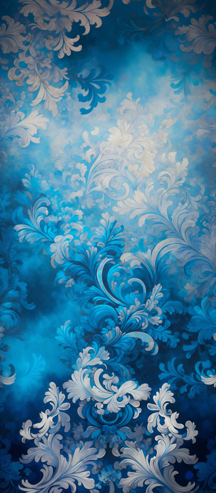 The image showcases a vibrant and intricate design with a dominant blue hue. The design consists of ornate, swirling patterns reminiscent of frost or ice formations. These patterns are set against a gradient background that transitions from a deep blue at the top to a lighter, almost turquoise shade at the bottom. The overall effect is reminisce of a cold, wintry scene, possibly depicting frost-covered branches or a frozen landscape.