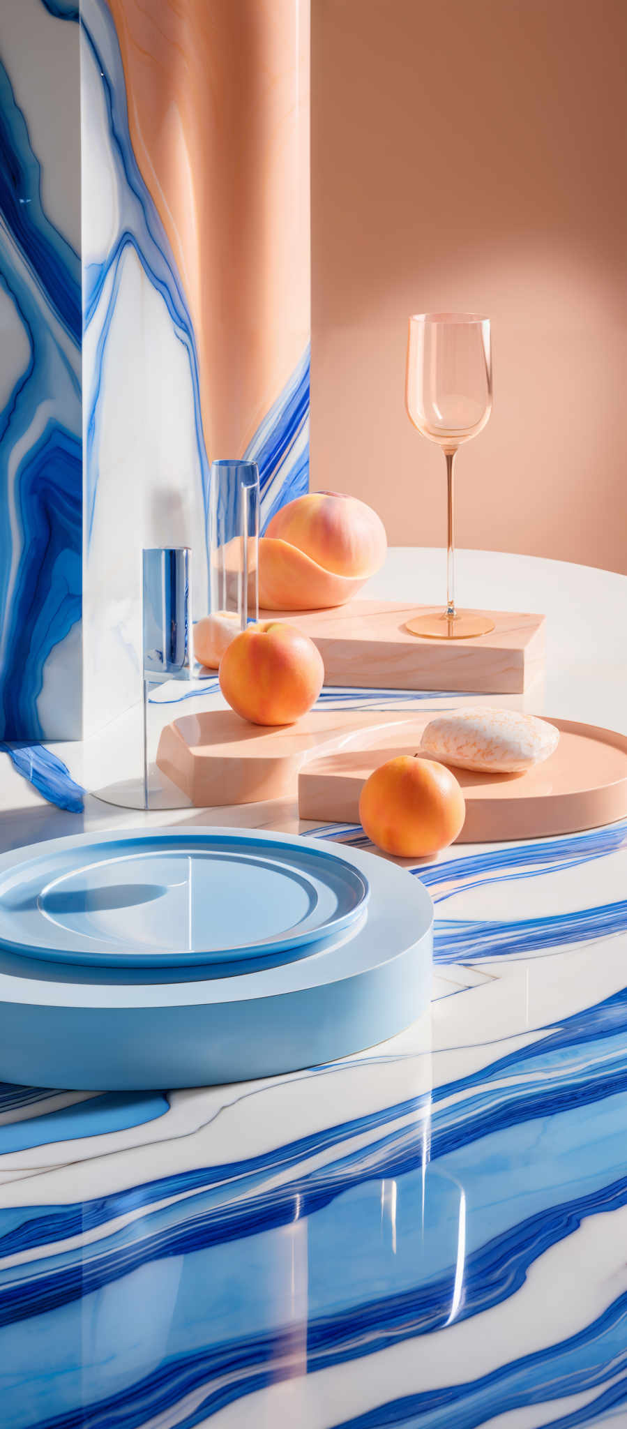 The image showcases a vibrant and artistic arrangement of objects. The dominant colors are shades of blue, peach, and white. The objects include a tall cylindrical structure with a blue and white marbled pattern, a wine glass with a golden rim, a plate with a light blue rim, and a few oranges placed on a wooden platform. The background has a peach-colored wall, and the entire scene is illuminated with soft lighting, casting reflections on the surfaces.