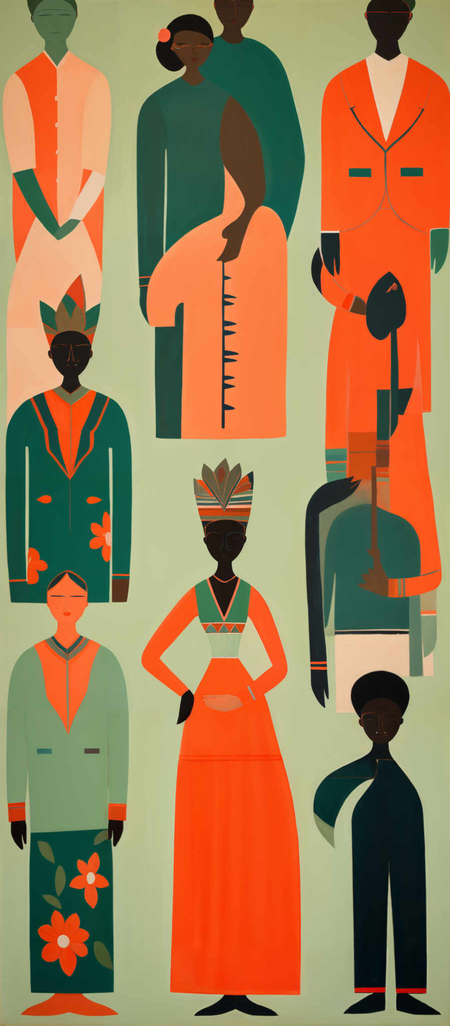 The image showcases a collection of stylized human figures in various poses and outfits. The figures are primarily in shades of orange, green, and black. They are depicted in abstract forms, with simplified features and geometric shapes. The outfit of the figures varies, with some wearing traditional or ethnic attire, while others are dressed in more modern or abstract styles. The background is a muted green, which provides a contrast to the vibrant colors of the characters.