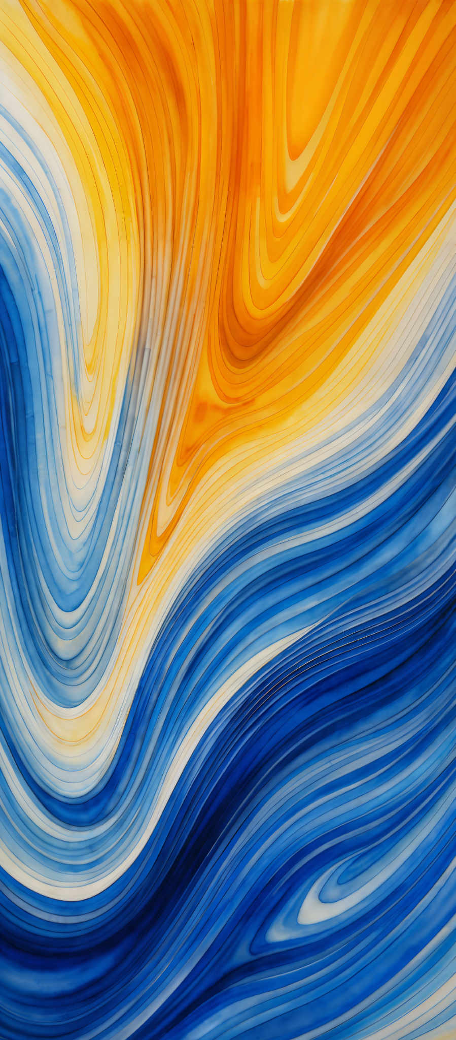 The image showcases a vibrant and dynamic abstract pattern. It predominantly features swirling lines of varying thicknesses, transitioning between shades of blue and orange. The blue lines are cool and flowing, reminiscent of waves or fluid motion, while the orange lines exude warmth and energy. The overall effect is one of movement and fluidity, with the colors seamlessly blending into one another.