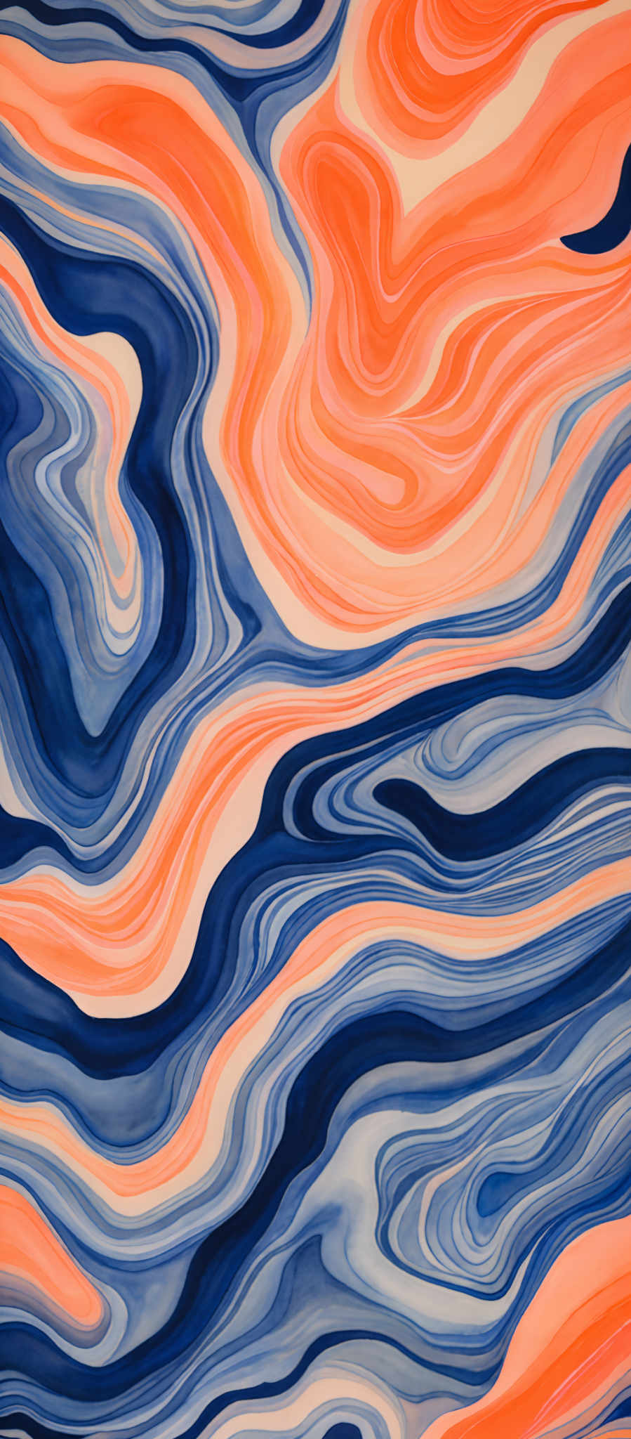 The image showcases a vibrant and intricate pattern of swirling colors. The dominant colors are shades of blue, orange, and white. The swirls are fluid and wavy, resembling the flow of water or the texture of marble. The interplay of these colors creates a mesmerizing effect, giving the image a dynamic and abstract feel.