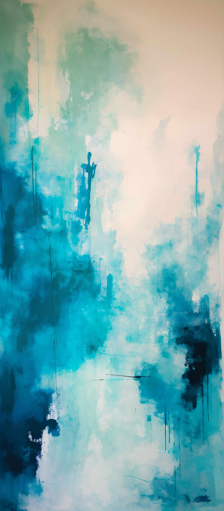 The image showcases an abstract painting dominated by various shades of blue and white. The blue ranges from light to dark, creating a sense of depth and movement. There are vertical and horizontal strokes, some of which appear to be dripping or blending into the background. The overall composition gives an impression of a serene and ethereal landscape, possibly representing a body of water or a sky.