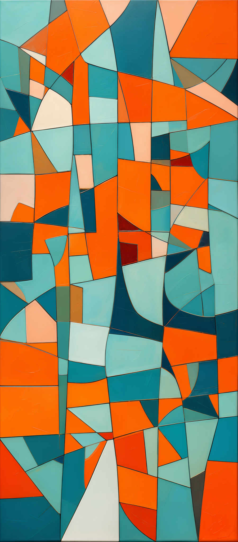 The image showcases an abstract artwork with geometric shapes. The dominant colors are shades of blue, orange, and white. The shapes are fragmented and overlapping, creating a mosaic-like appearance. The artwork seems to be composed of various triangles, rectangles, and curves, all intermingled in a complex pattern.