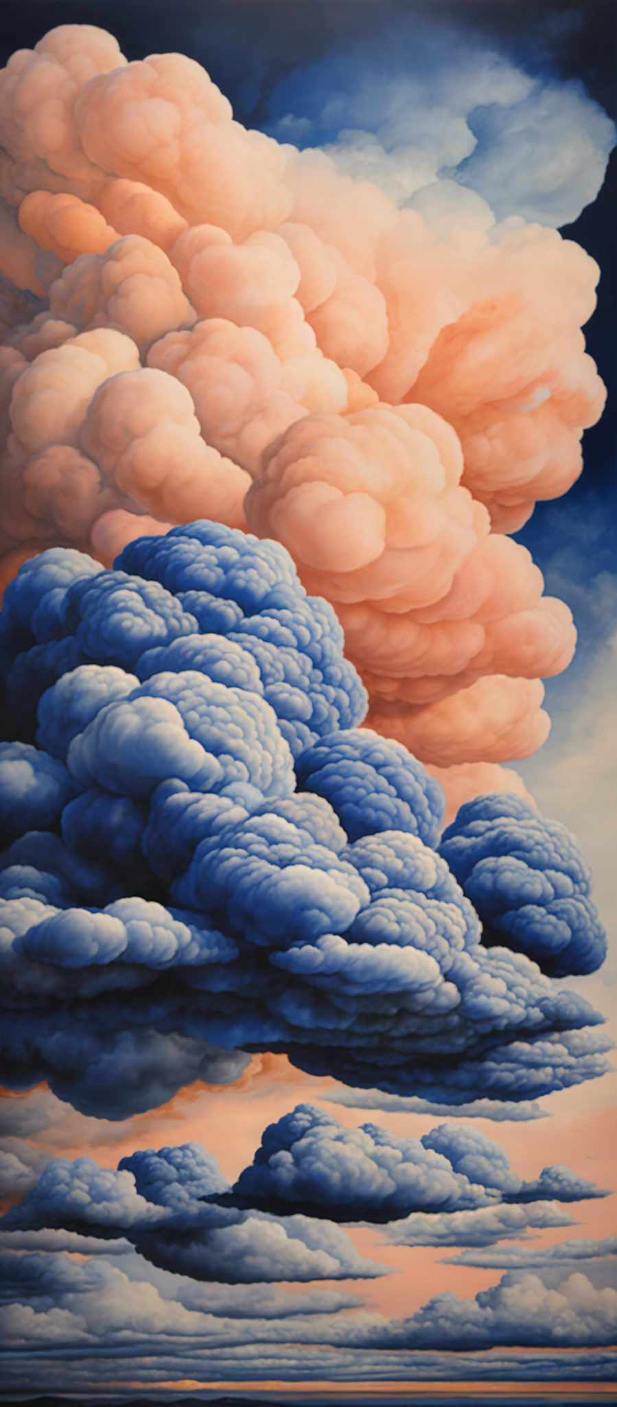 The image showcases a breathtaking depiction of clouds. The clouds are rendered in rich, vibrant colors, predominantly shades of pink, blue, and white. They are voluminous and have a unique, almost sculpted appearance, reminiscent of cotton or marble. The pink clouds dominate the upper portion of the image, gradually transitioning to deeper shades as they descend. The blue clouds are denser and more layered, creating a sense of depth and dimension. The horizon reveals a calm sea or lake, reflecting the colors of the sky.