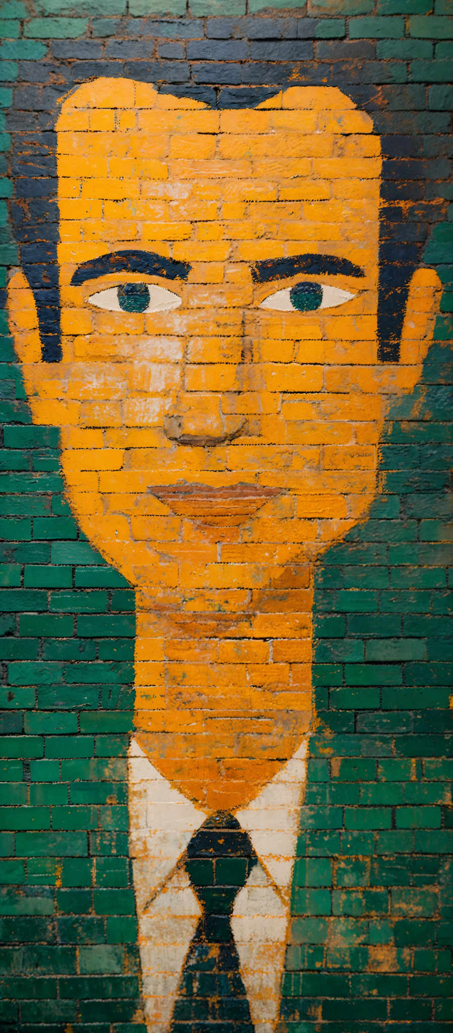 The image showcases a face painted on a brick wall. The face is predominantly yellow with black eyebrows, eyes, and a black tie. The background consists of green bricks, and the face appears to be in a state of wear, with some areas of the yellow paint chipping off.