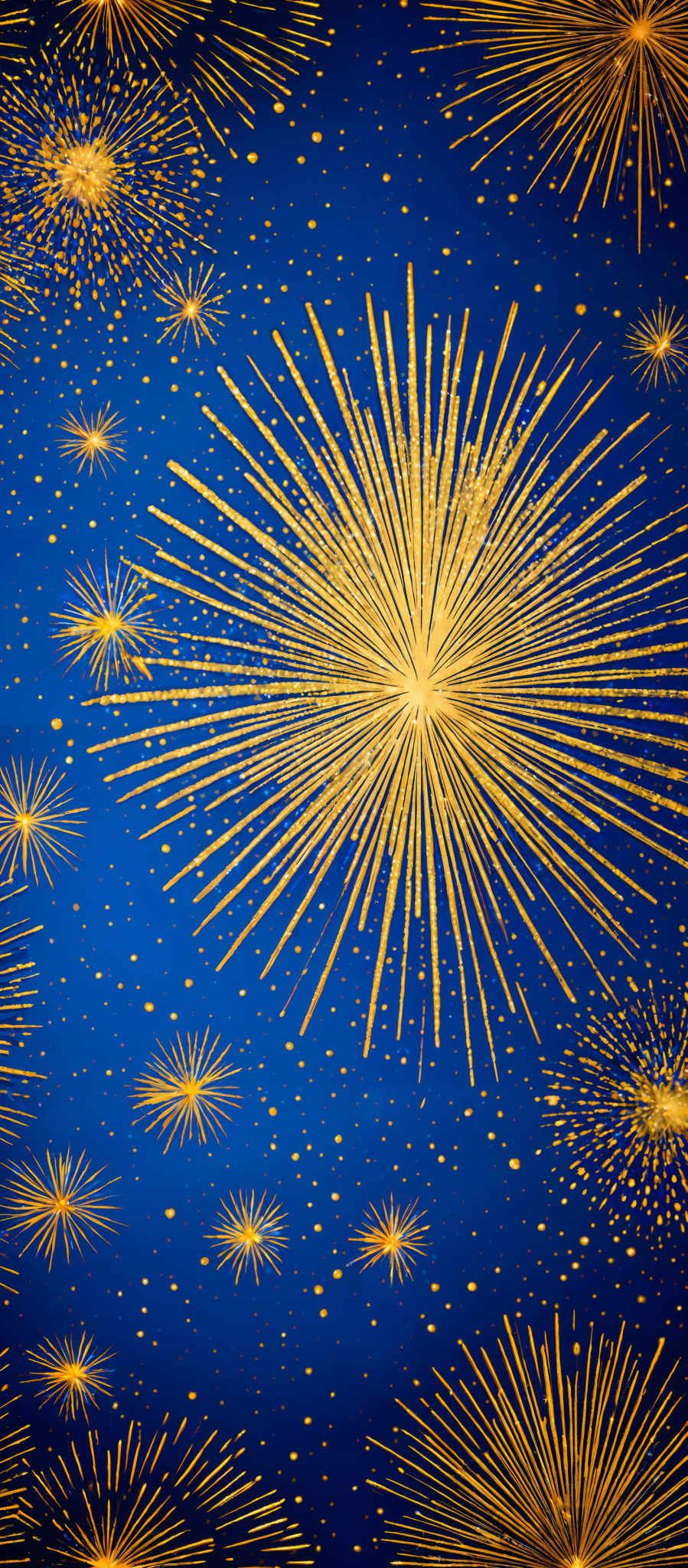 The image showcases a vibrant blue background with golden-yellow fireworks or starburst patterns radiating outwards. These patterns resemble bursts of light or explosions, with some appearing more spread out while others are more concentrated. The golden- yellow hue contrasts beautifully with the deep blue background, creating a visually striking effect.