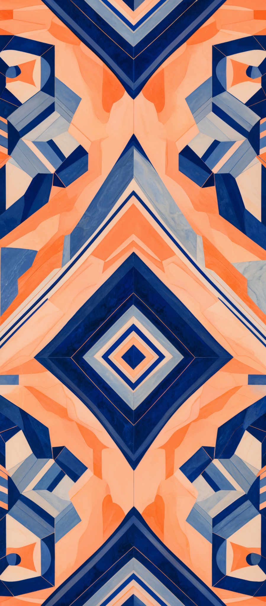 The image showcases a vibrant and intricate geometric pattern. It predominantly features shades of blue, orange, and white. The shapes are predominant rectangles and diamonds, interlaced in a complex and symmetrical manner. The design appears to be a modern take on traditional tribal or abstract art, with sharp angles and a rhythmic repetition of patterns.