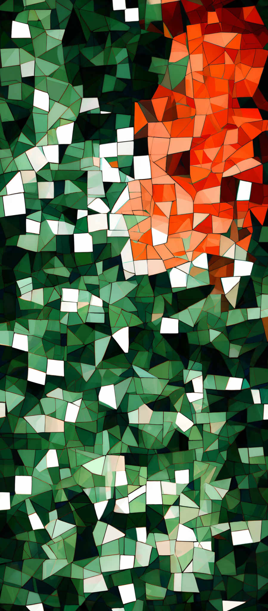 The image showcases a mosaic of various geometric shapes, predominantly triangles. The colors range from deep greens, whites, and blues to vibrant oranges and reds. The arrangement of these shapes creates a visually appealing pattern, reminiscent of a stained glass window or a fragmented landscape.