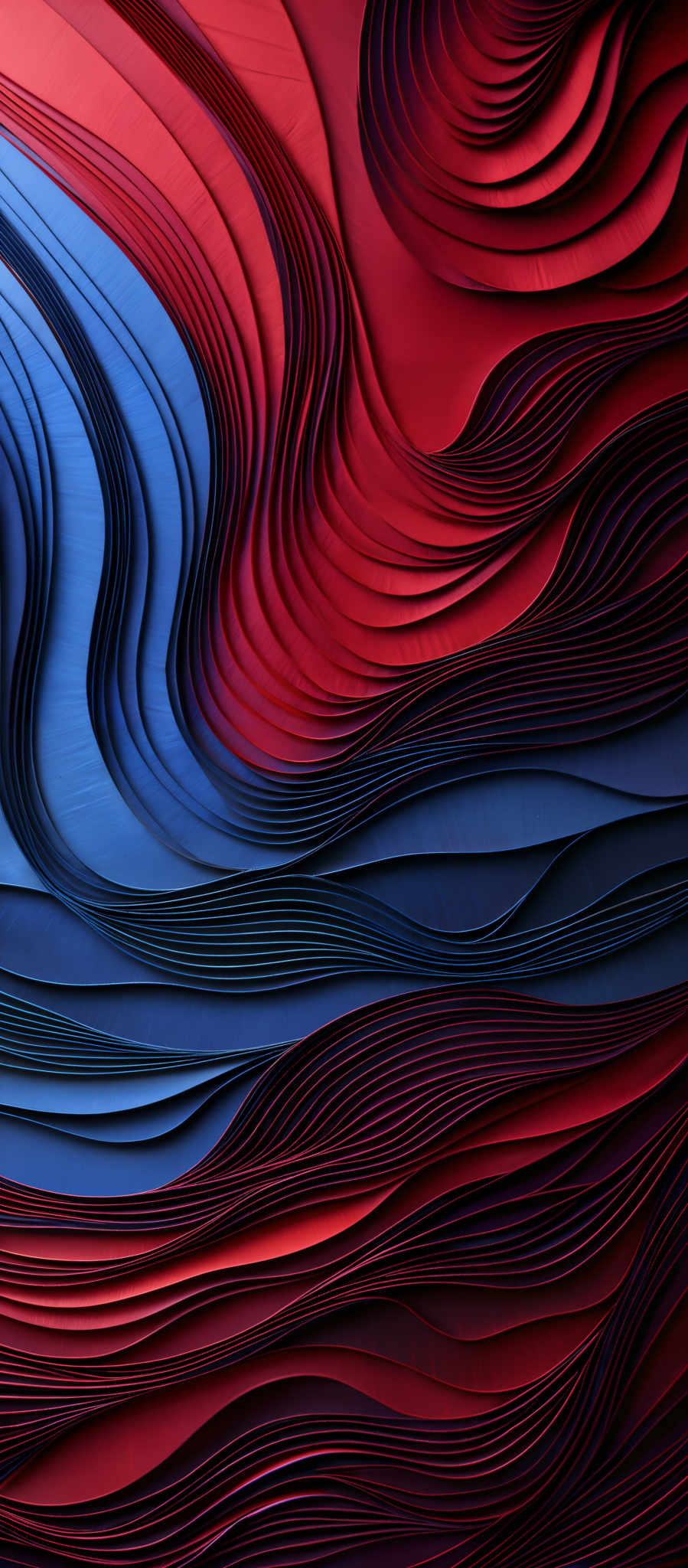 The image showcases a layered, wavy pattern with a gradient of colors. The dominant colors are shades of red, blue, and black. The wavy patterns appear to be formed by layering or stacking these colors, creating a 3D effect. The red and blue layers have a more fluid and curvy appearance, while the black layers provide a contrasting solidity to the scene.