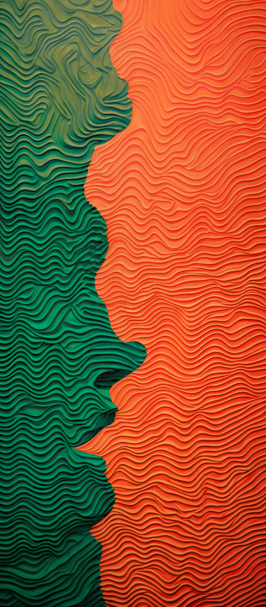 The image showcases a vibrant and intricate pattern. It features two distinct colors: a deep green on the left and a bright orange on the right. The patterns are wavy and resemble topographical lines, suggesting a sense of depth and movement. The green section has a more uniform and flowing pattern, while the orange section has more varied and dynamic wavy patterns.