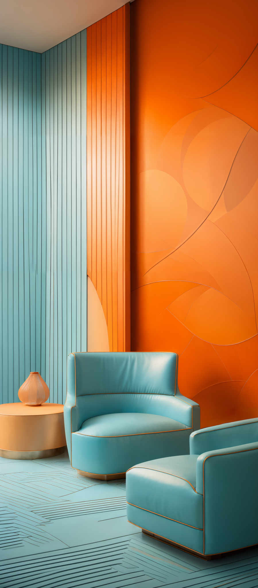 The image showcases a room with a modern and artistic design. The dominant colors are shades of blue and orange. On the left, there's a vertical panel with a light blue hue, and on the right, there is a large wall with an orange gradient, featuring abstract wave-like patterns. In the foreground, there are two teal-colored sofas with a unique curved design. In front of one sofa, there appears to be a round table with a decorative, sculptural vase in a similar teal color. The floor has a patterned design with alternating light and dark blue stripes.