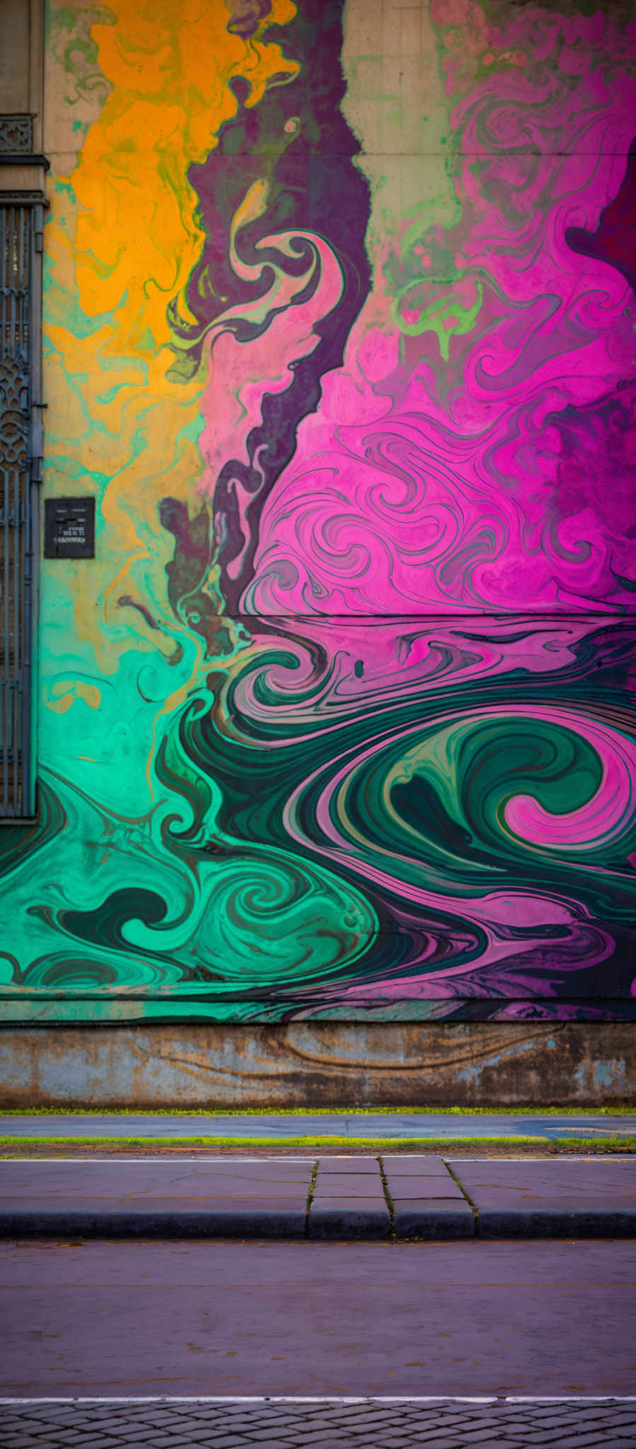 The image showcases a vibrant and colorful mural on a wall. The mural features swirling patterns of vivid colors, including shades of pink, green, yellow, and purple. The swirls and patterns give an impression of fluid motion, reminiscent of marbled paper or swirled paint. The colors blend seamlessly into one another, creating a mesmerizing visual effect. On the left side of the mural, there's a sign with some text, but it's not entirely legible from the image provided.