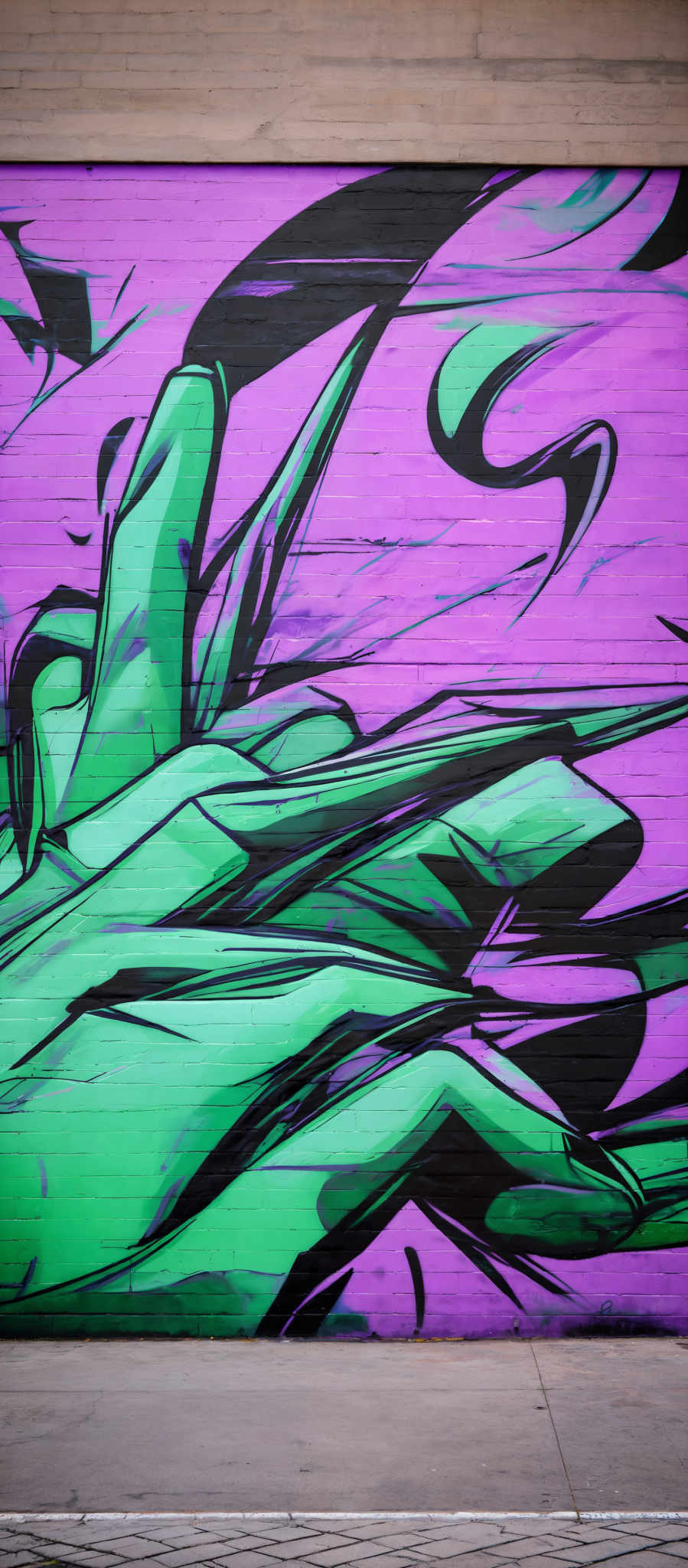 The image showcases a vibrant mural painted on a brick wall. The dominant colors are shades of purple, green, and black. The mural features abstract shapes, predominantly resembling dynamic, flowing forms. The green shapes have a smooth texture, while the black and purple areas provide contrast, adding depth and movement to the overall design.