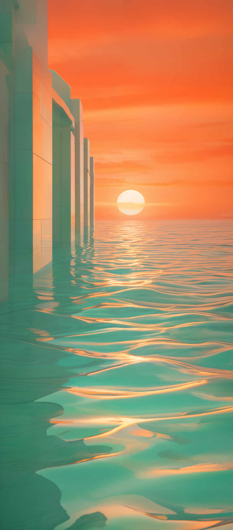 The image showcases a vibrant sunset with hues of orange, pink, and purple. The sun is positioned near the horizon, casting a warm glow over the scene. In the foreground, there are large, abstract, white geometric structures that seem to be emerging from the water. The water itself is depicted with ripples, reflecting the colors of the sky and the structures. The overall ambiance of the image is serene and dreamlike.