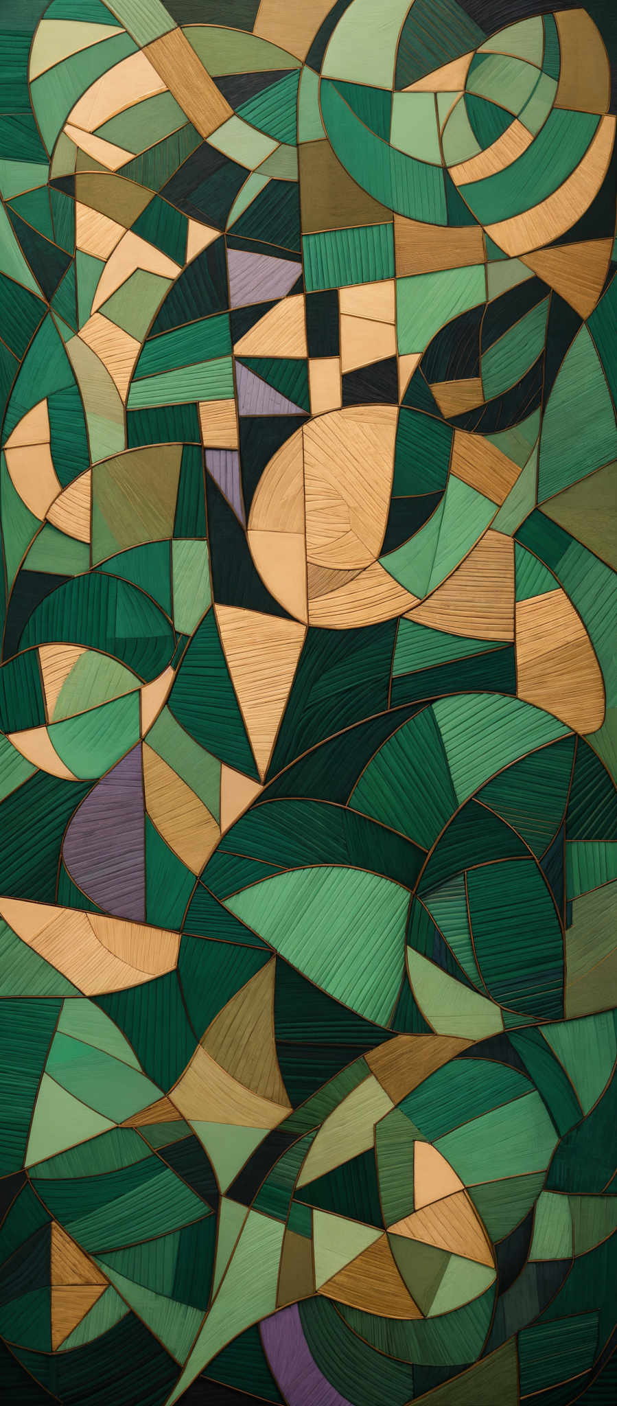 The image showcases an abstract artwork with a myriad of geometric shapes and patterns. The dominant colors are various shades of green, gold, and a touch of purple. The shapes include overlapping circles, triangles, and rectangles, interwoven in a complex and intricate manner. The artwork seems to be a play of lines, curves, and angles, creating a visually stimulating and dynamic composition.