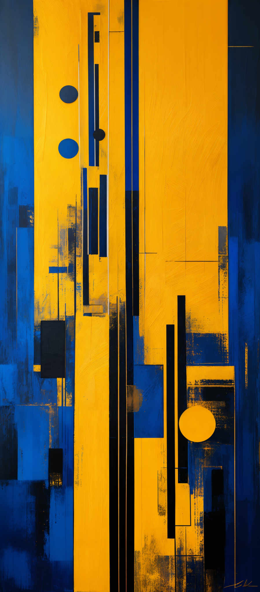 The image showcases an abstract painting with predominant shades of blue and yellow. The blue forms the background, gradually transitioning to a lighter hue towards the top. The yellow, on the other hand, occupies the central and right portion of the canvas, with varying shades ranging from deep yellow to a more muted, pastel yellow. Interspersed within these colors are geometric shapes, such as rectangles, circles, and vertical lines. The painting also exhibits a mix of textures, from smooth gradients to more rough, impasto-like strokes.