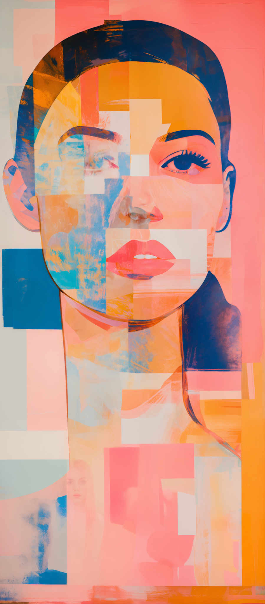 The image showcases a fragmented and abstract representation of a human face. The face is composed of various geometric shapes and rectangles, each painted in a different color. The predominant colors include shades of pink, blue, yellow, and orange. The shapes overlap and interlock, creating a sense of depth and dimension. The eyes, nose, and lips are discernible, but the fragmented nature of the artwork obscures the full details of the face.