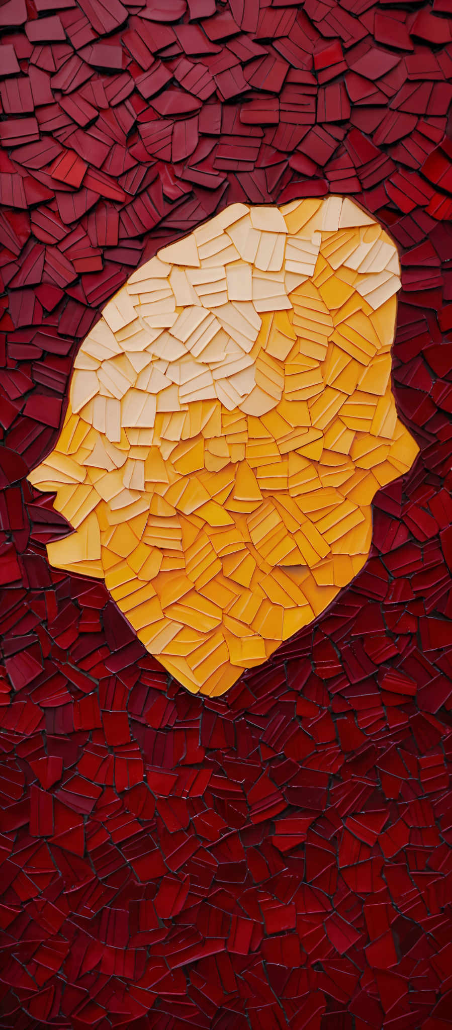 The image showcases a mosaic of red and yellow tiles. The predominant color is red, forming a dense pattern throughout the image, while a distinctive yellow shape, resembling a leaf or a flame, is placed in the center. This yellow shape stands out due to its contrasting color and unique shape against the uniform red background.