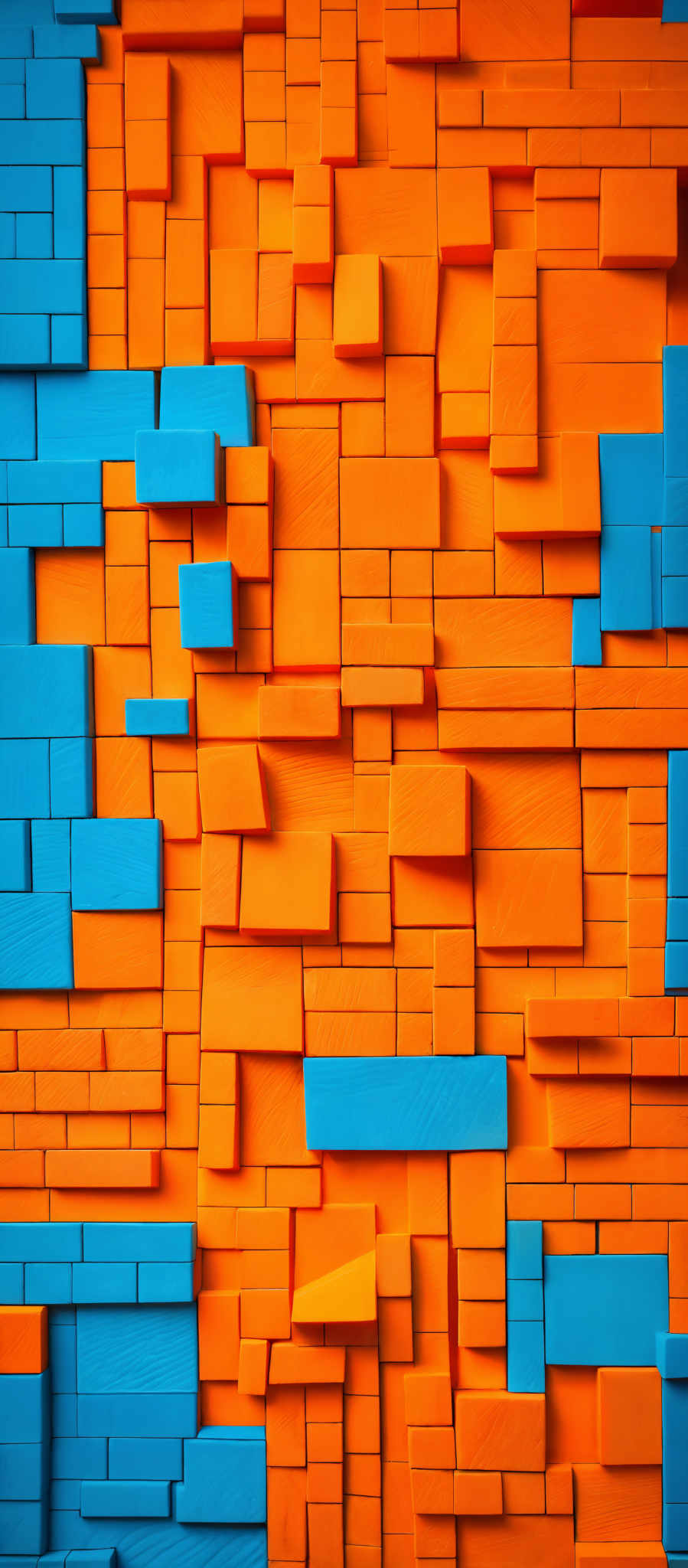 The image showcases a 3D arrangement of rectangular and square blocks in varying shades of orange and blue. The blocks are of different sizes and are stacked in a way that creates a sense of depth and dimension. The orange blocks have a slightly glossy finish, while the blue ones appear matte. The arrangement gives an impression of a dynamic and abstract structure, reminiscent of a 2D image that has been transformed into a 1D space.