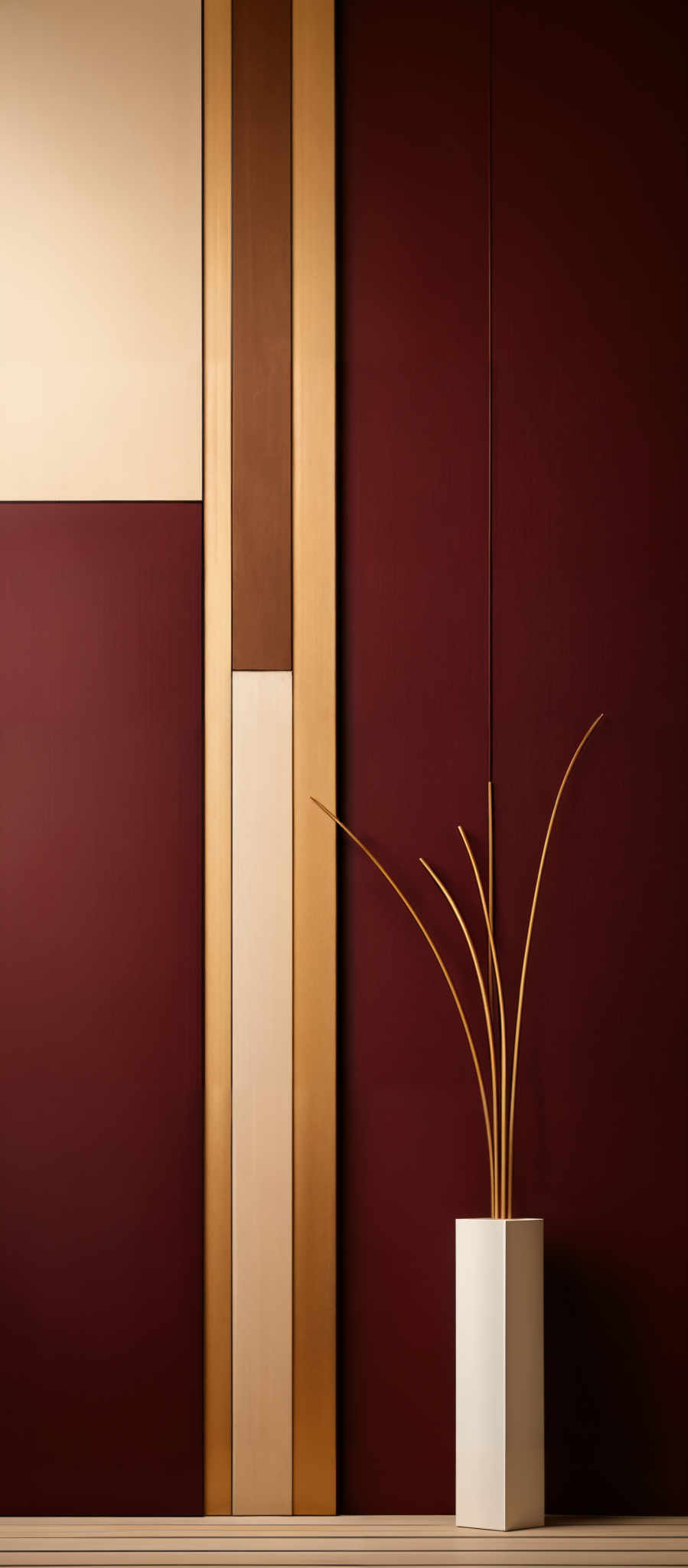 The image showcases a series of rectangular panels arranged in a grid-like pattern. The panels are of varying colors, including deep red, beige, and gold. The gold panels have a vertical stripe pattern. On the right side of the image, there's a white rectangular object that appears to be a vase or container, holding a set of slender, curved, golden sticks or branches that extend outwards in different directions.