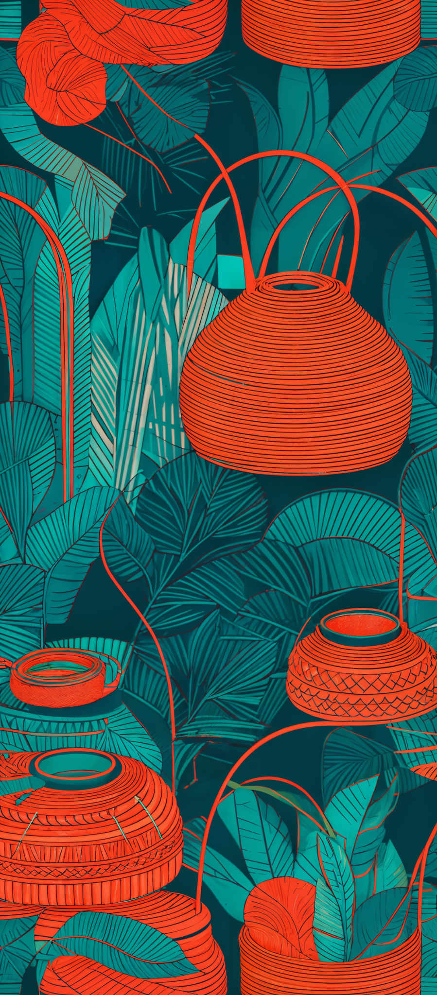 The image showcases a vibrant and intricate design with a predominant use of teal and orange colors. The design features woven baskets of various shapes and sizes, including round and oval ones. These baskETS are adorned with intricate patterns and are surrounded by large, detailed leaves. The leaves have varying shades of teals and oranges, with some having stripes and others displaying a more organic, veined pattern. The overall ambiance of the image is tropical and serene, evoking feelings of a calm, sunny day in a lush jungle.