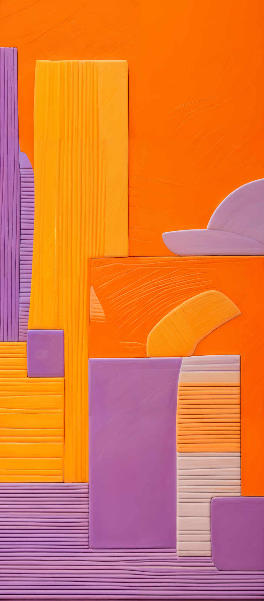 The image showcases an abstract artwork with a vibrant color palette. Dominant colors include shades of orange, purple, and yellow. The artwork features geometric shapes, such as rectangles, squares, and curves. The orange background has a textured appearance, possibly resembling a canvas or a wall. The purple and yellow rectangles have distinct patterns, with the purple one having vertical stripes and the yellow one displaying a vertical ribbed texture. There are also other shapes like a semi-circle and a curved line in the background.