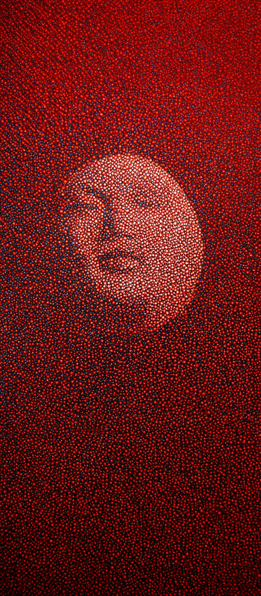 The image predominantly features a rich red background with a large, circular shape in the center. Within this circle, there's a detailed depiction of a face, possibly a woman, with intricate facial features. The face is surrounded by a dense, textured pattern that resembles a stippled or pointillist artwork.