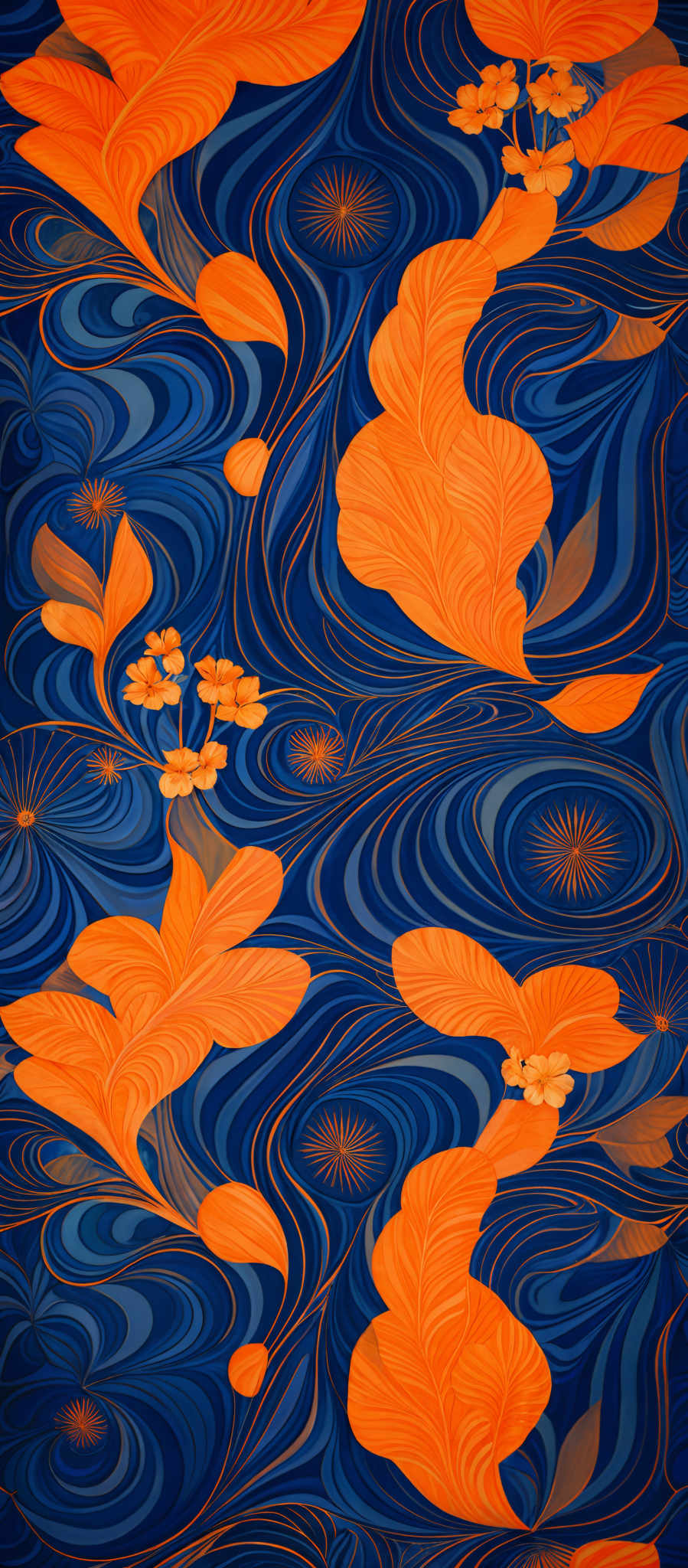 The image showcases a vibrant and intricate design. It predominantly features shades of blue and orange. The blue forms a swirling pattern, reminiscent of water or waves, with various abstract shapes intertwined. The orange, on the other hand, is used to depict large, leaf-like structures that seem to be floating or emerging from the blue background. These orange structures have a detailed texture, resembling the veins of a leaf. Interspersed among the orange structures are small clusters of flowers in a pale color, adding a touch of delicacy to the overall composition.