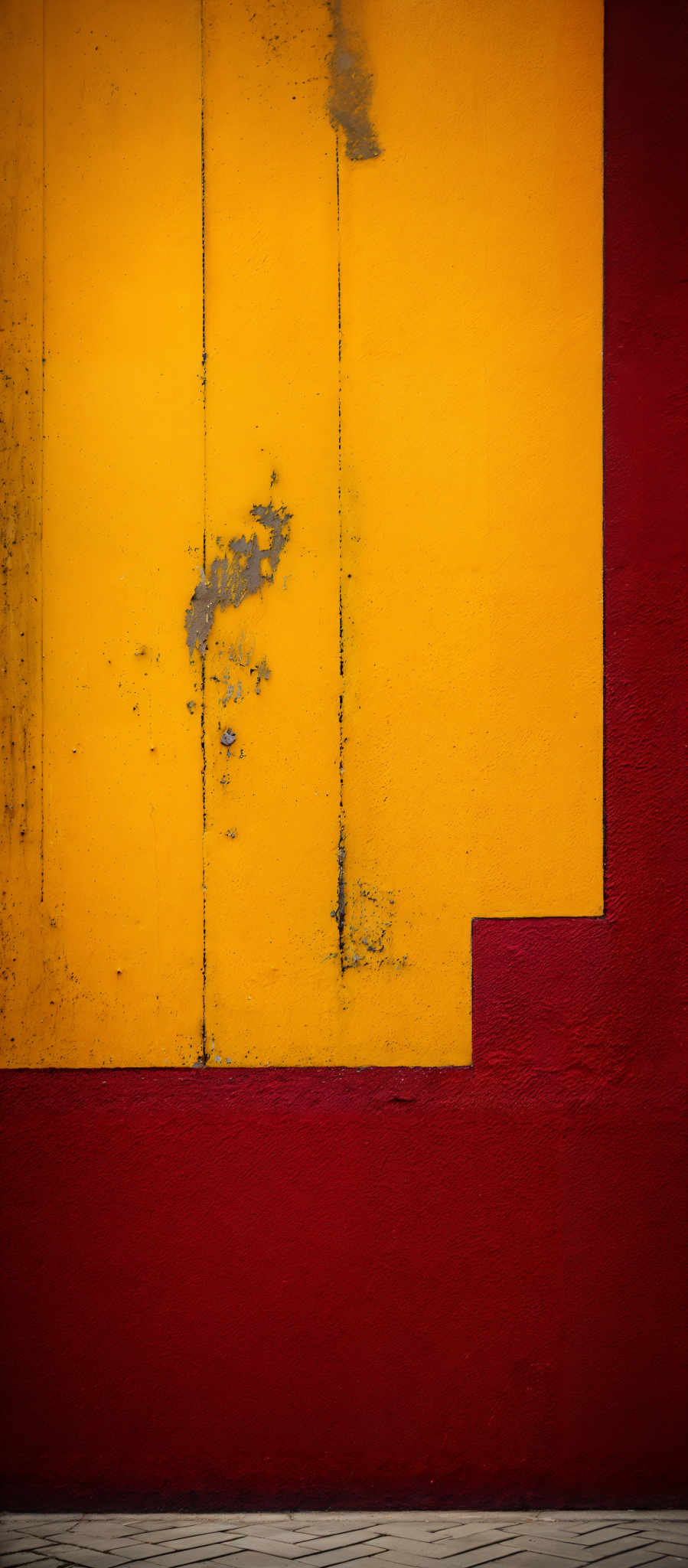 The image showcases a vibrant and contrasting color palette. The dominant colors are yellow and red. The yellow wall has visible signs of wear and tear, with chipped paint and some areas where the paint has peeled off, revealing the underlying surface. There are also some darker patches and stains on the yellow wall. The red wall adjacent to the yellow one is smooth and appears to be in better condition. At the bottom of the image, there's a white and gray patterned floor, possibly made of tiles.