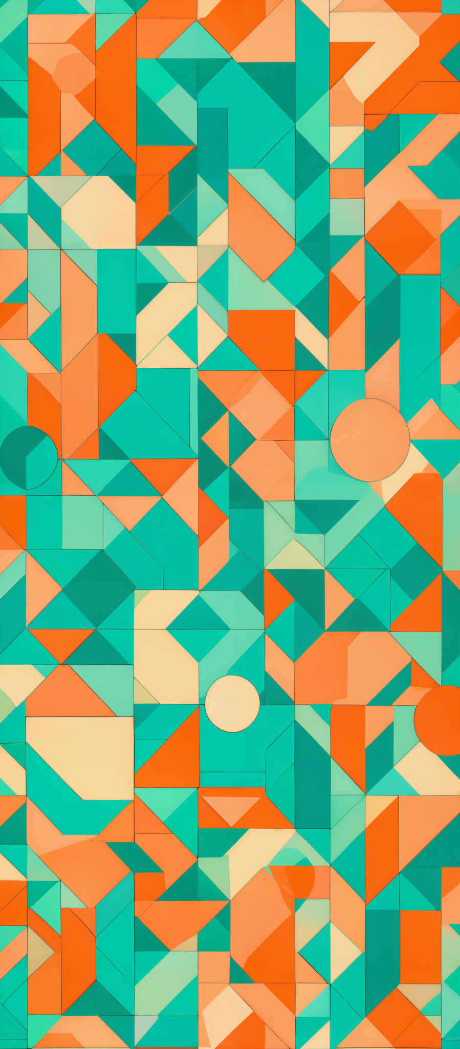 The image showcases a geometric pattern composed of various triangles, rectangles, and other polygons. The dominant colors are shades of blue, orange, and white. The triangles are of different sizes and orientations, creating a tessellated effect. There are also circular elements interspersed among the geometric shapes.