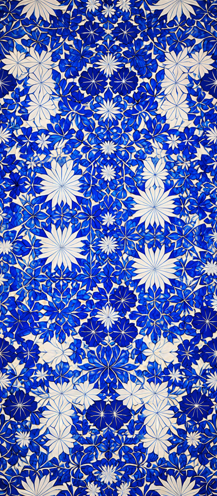 The image showcases a vibrant and intricate pattern of blue and white flowers. The flowers are symmetrically arranged, with each having multiple petals radiating outwards. The blue flowers are densely packed, creating a rich tapestry of blue against a white background. The white flowers, on the other hand, are spaced out more, allowing the blue ones to stand out prominently. The overall effect is reminiscent of traditional porcelain designs, especially those seen in Chinese blue andwhite ceramics.