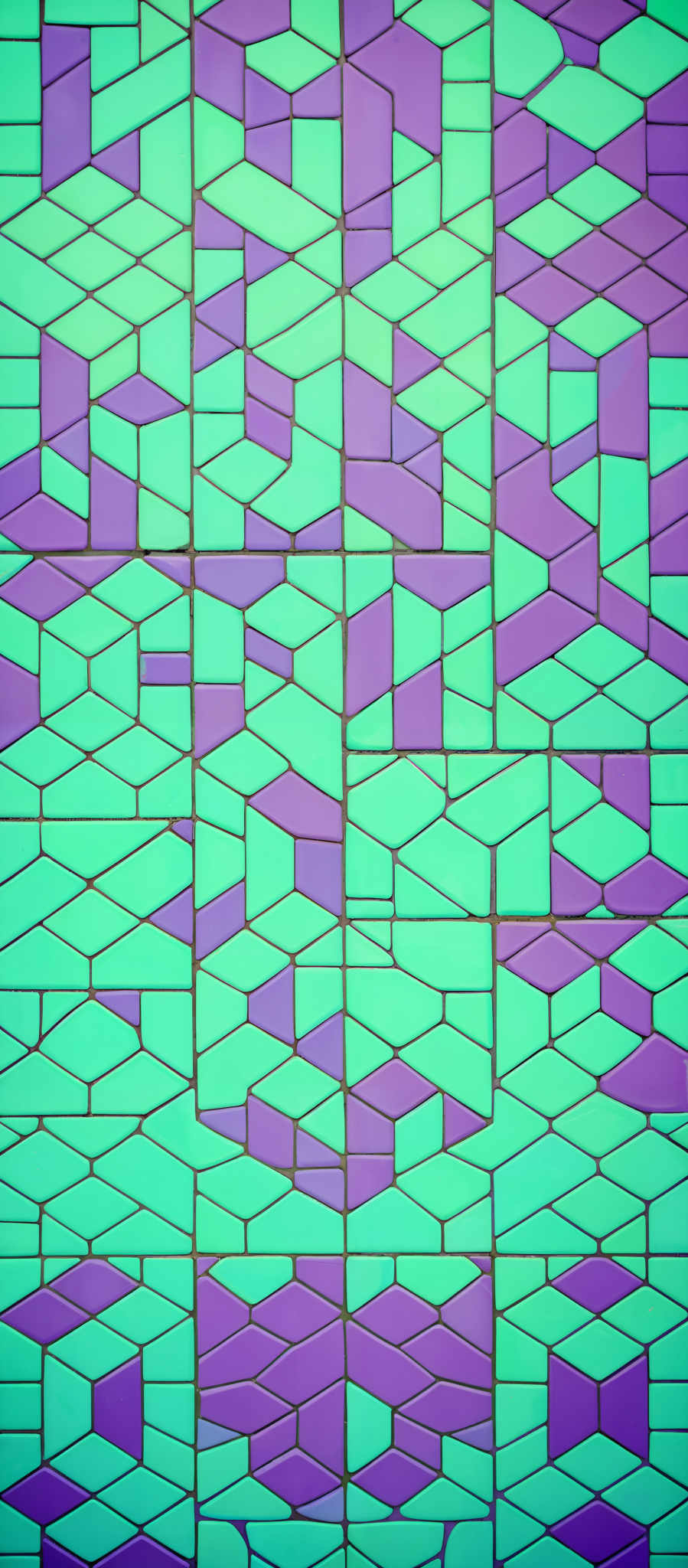 The image showcases a pattern of interconnected geometric shapes. The primary colors used are shades of blue and purple. The shapes are predominantly triangles, with some rectangles interspersed. The pattern appears to be a mosaic, with each shape having a unique color and orientation, creating a visually appealing and intricate design.