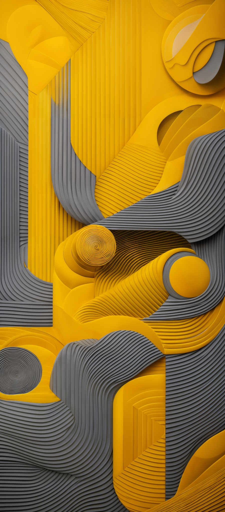 The image showcases a vibrant and intricate design with a predominant color palette of yellow and gray. The shapes are abstract and layered, with curves and contours that resemble topographical landscapes or organic forms. The yellow shapes have a smooth texture, while the gray ones exhibit a ribbed or grooved appearance. The overall composition gives a sense of depth and dimension, as if the layers are three-dimensional.